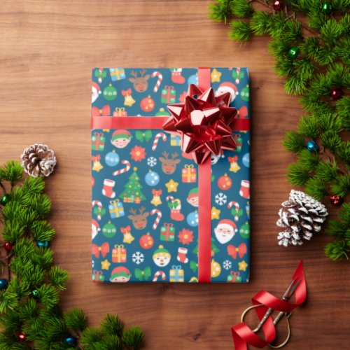 Cheerful Christmas Pattern on Blue Wrapping Paper