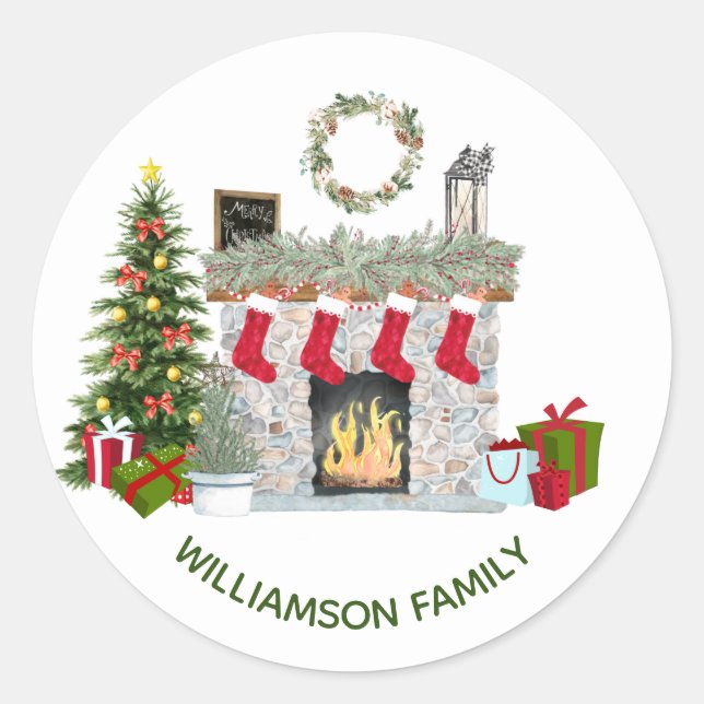 Cheerful Christmas Scene Fireplace Family Name  Classic Round Sticker (Front)