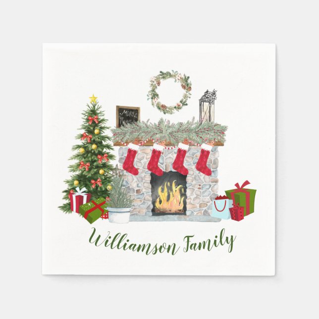 Cheerful Christmas Scene Fireplace Family Name   Napkins (Front)