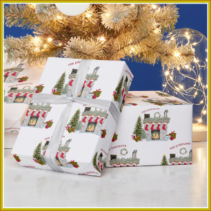 Cheerful Christmas Scene Fireplace Family Name Wrapping Paper