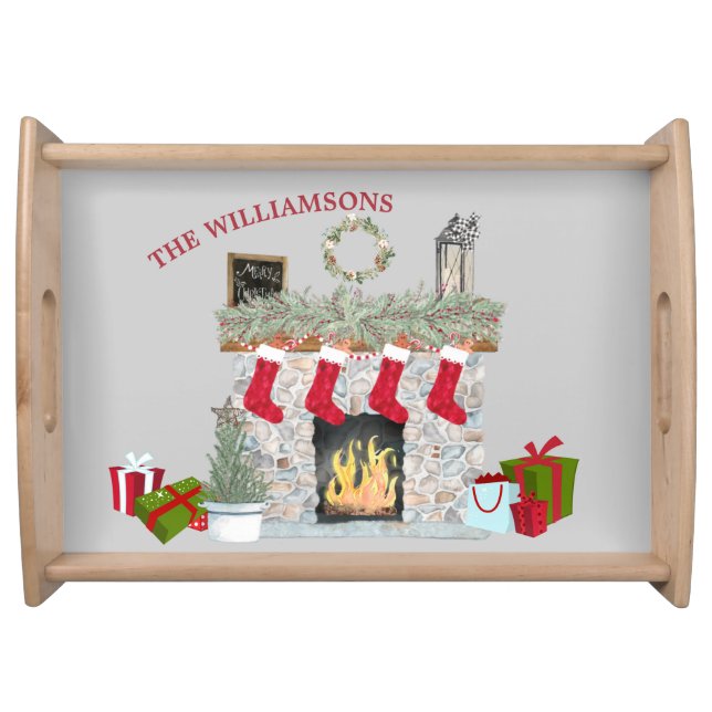 Cheerful Christmas Scene Fireplace Gifts Large Serving Tray (Front)