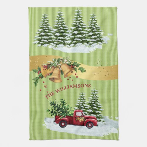 Cheerful Christmas Scene Trees Red Truck Name   Kitchen Towel