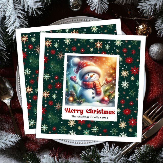 Cheerful Christmas snowman with snowflakes kids  Paper Dinner Napkins (Cheerful Christmas snowman with snowflakes kids napkins)