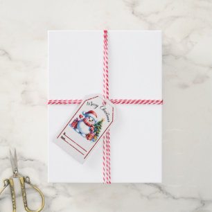 Cheerful Christmas tag with a snowman and gifts