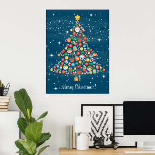 Cheerful Christmas Tree Pattern on Blue Poster