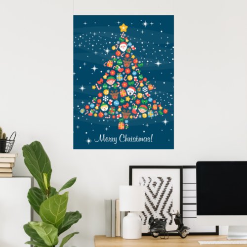 Cheerful Christmas Tree Pattern on Blue Poster