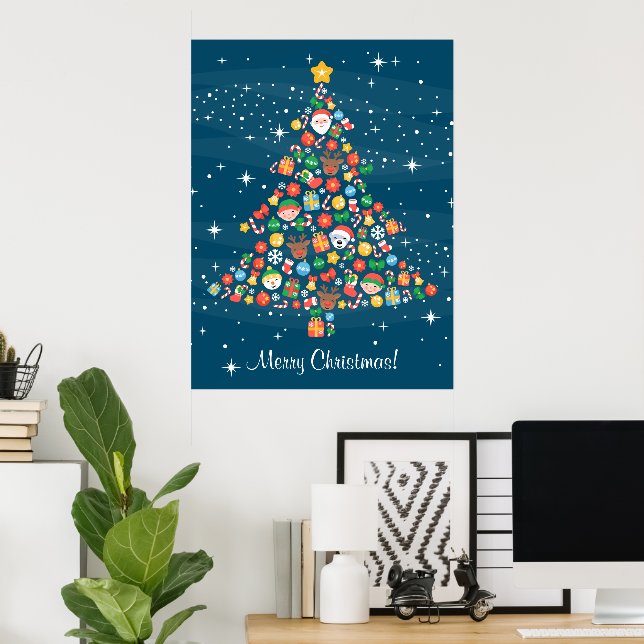 Cheerful Christmas Tree Pattern on Blue Poster (Home Office)
