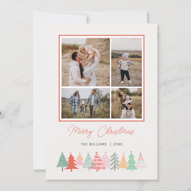 Cheerful Christmas Trees Cozy 4 Photo Holiday Card (Front)