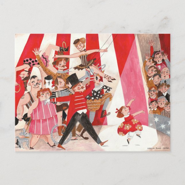 Cheerful circus red pink black preforming art girl postcard (Front)