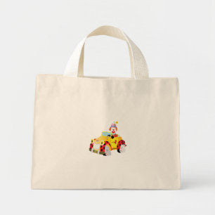 cheerful clown drives a whimsical yellow car  mini tote bag