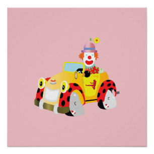 cheerful clown drives a whimsical yellow car poster