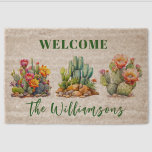 Cheerful Colorful Cactus Welcome Family Name Coir Fiber Doormat<br><div class="desc">This seemingly simply doormat does tells it's story quite well -- the golf ball / cart / and player swinging away and personalized with the family name and monogram. Step up the fun at your doorstep with our fabulous 100% natural fiber mat! Made from tough coir and backed with non-slip...</div>