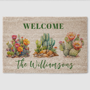 Cheerful Colorful Cactus Welcome Family Name Coir Fiber Doormat