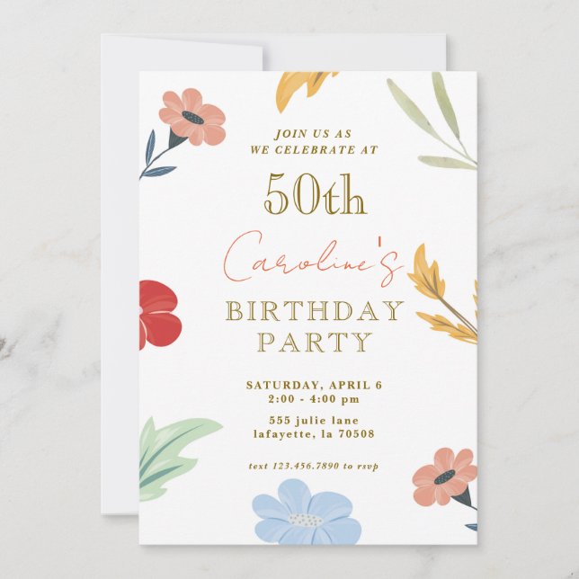 Cheerful Colorful Floral 50th Birthday Invitations