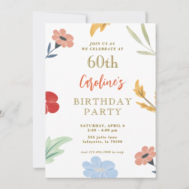 Cheerful Colorful Floral 60th Birthday Invitations (Front)