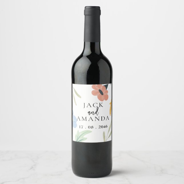 Cheerful Colorful Floral Wedding Wine Bottle Label (Front)