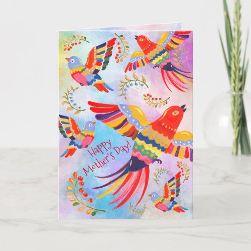 Cheerful Colorful Folk Birds Tie Dye Mothers Day Card