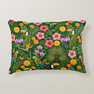 Cheerful Colorful Jungle Birds Tropical Flowers Accent Pillow
