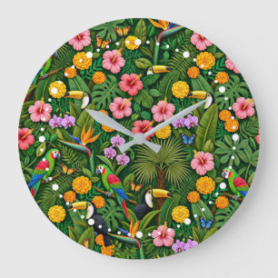 Cheerful Colorful Jungle Birds Tropical Flowers Large Clock