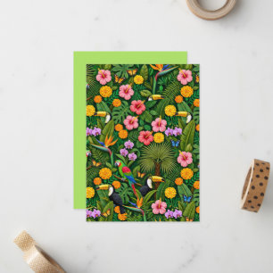 Cheerful Colorful Jungle Birds Tropical Flowers Note Card