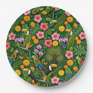 Cheerful Colorful Jungle Birds Tropical Flowers Paper Plates