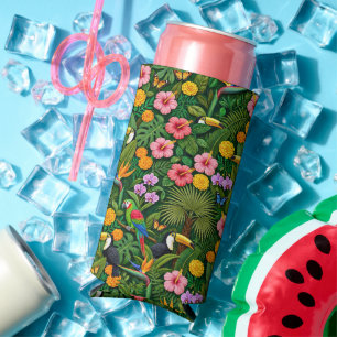 Cheerful Colorful Jungle Birds Tropical Flowers Seltzer Can Cooler