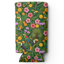 Cheerful Colorful Jungle Birds Tropical Flowers