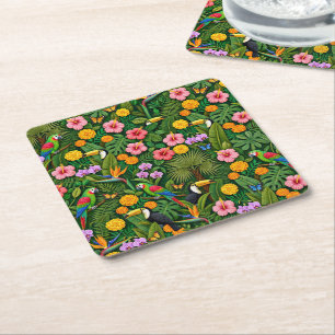 Cheerful Colorful Jungle Birds Tropical Flowers Square Paper Coaster