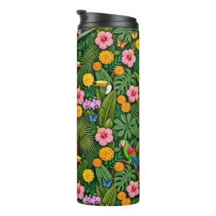 Cheerful Colorful Jungle Birds Tropical Flowers Thermal Tumbler