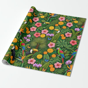 Cheerful Colorful Jungle Birds Tropical Flowers Wrapping Paper