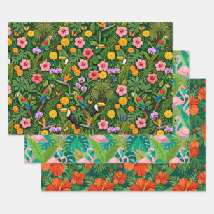 Cheerful Colorful Jungle Birds Tropical Flowers Wrapping Paper Sheets