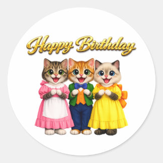 Cheerful Colorful Victorian Style Kittens Birthday Classic Round Sticker