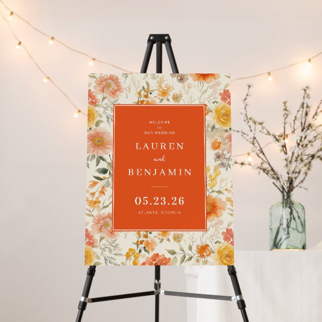 Cheerful Coral Floral Wedding Sign (In Situ (Stand))