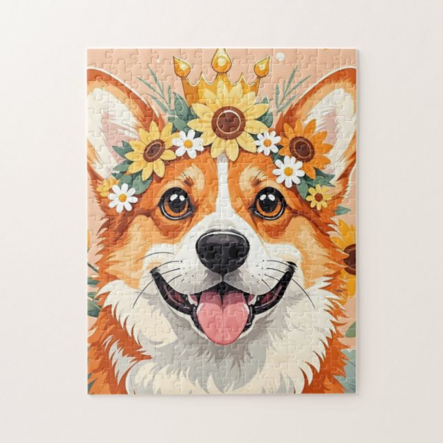 Cheerful corgi dog crown of daisies and sunflowers jigsaw puzzle (Vertical)