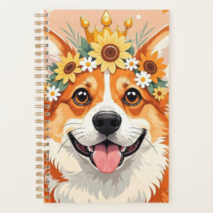 Cheerful corgi dog crown of daisies and sunflowers planner
