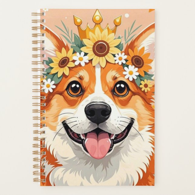 Cheerful corgi dog crown of daisies and sunflowers planner (Front)