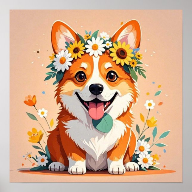 Cheerful corgi dog crown of daisies and sunflowers poster (Front)