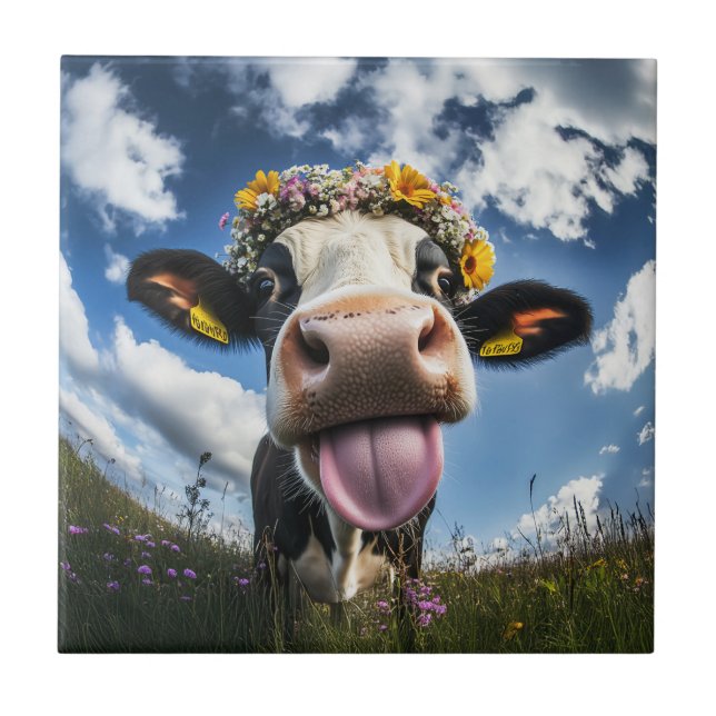 Cheerful Cow in Bloom Ceramic Tile (Front)
