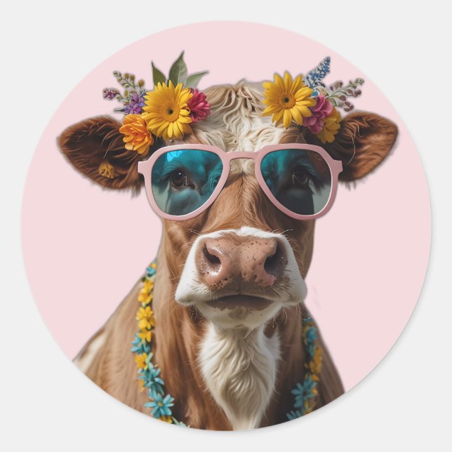 Cheerful Cow With Sunglasses  Classic Round Sticker (Front)