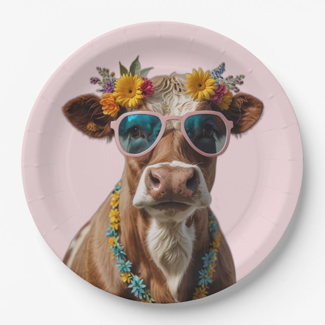 Cheerful Cow With Sunglasses  Paper Plates (Front)