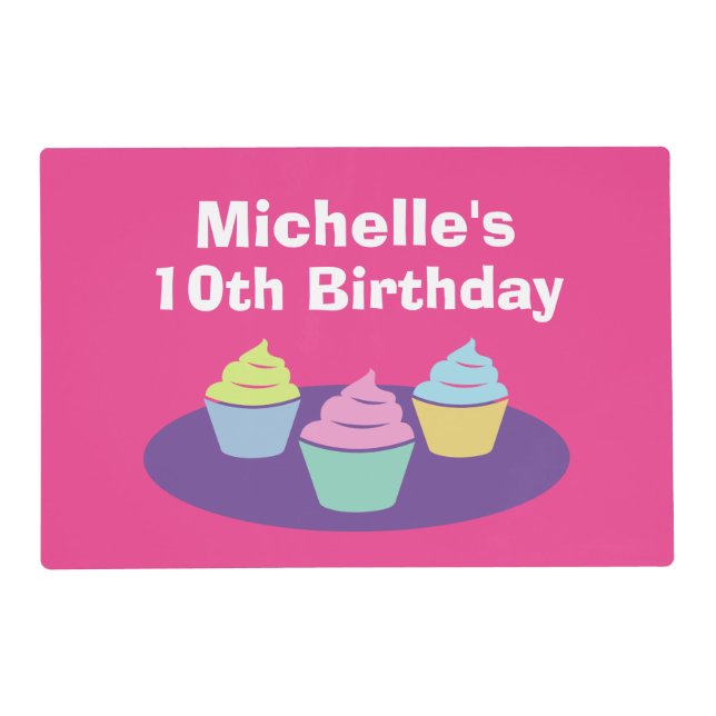 Cheerful cupcake Birthday party paper placemats (Front)