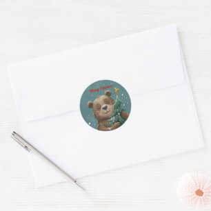 Cheerful Cute Bear Hugging Christmas Tree Classic Round Sticker