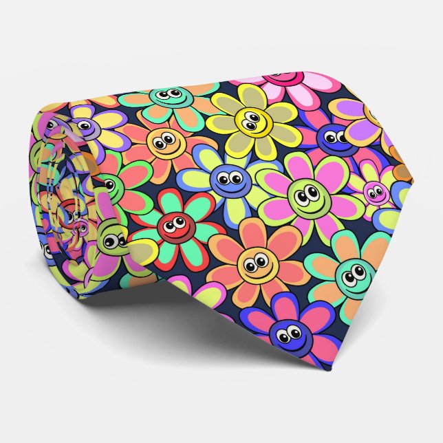 Cheerful Cute Cartoon Smiling Happy Summer Flowers Neck Tie (Rolled)