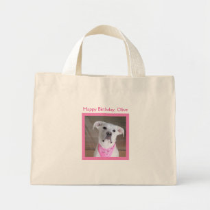 Cheerful Cute White Puppy Dog Pink Birthday Mini Tote Bag