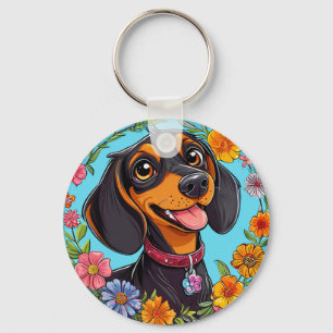 Cheerful Dachshund Bloom Garden Everyday Joy Charm Keychain