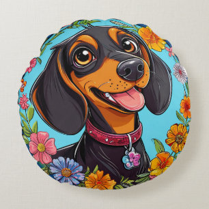 Cheerful Dachshund Surrounded by Colorful Flowers Round Pillow