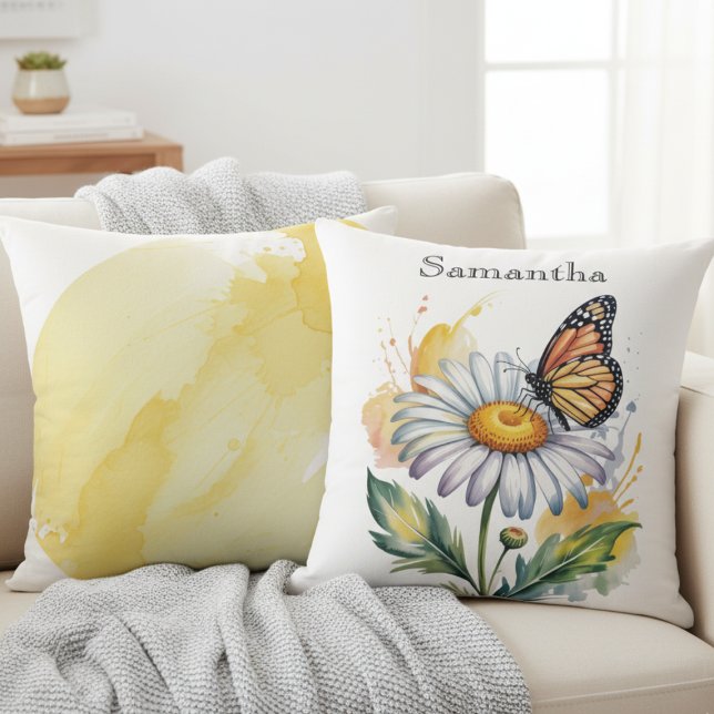 Cheerful Daisy Butterfly – Personalized Nature  Throw Pillow (Monarch butterfly and daisy throw pillow)