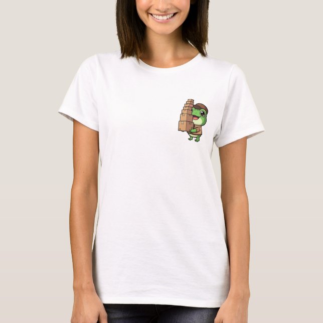 Cheerful Delivery Frog Balancing a Towering Stack T-Shirt (Front)