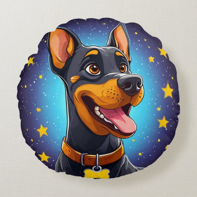 Cheerful Doberman Illustration Round Pillow (Front)
