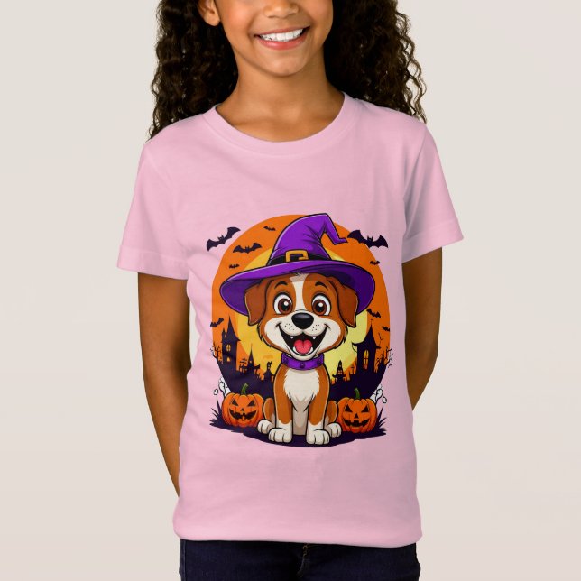 Cheerful Dog Dressed as Witch Amid Halloween T-Shirt (Front)